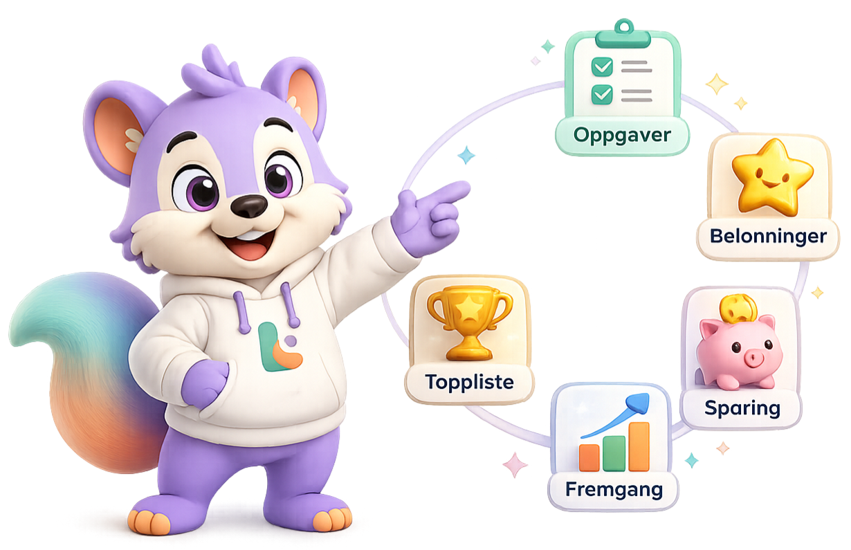 Lomia-maskot som viser oppgaver, poeng og belønninger